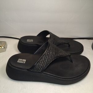 Fitflop F-Mode Post Black Woven Raffia Platform Thong Sandals Women's sz 8.